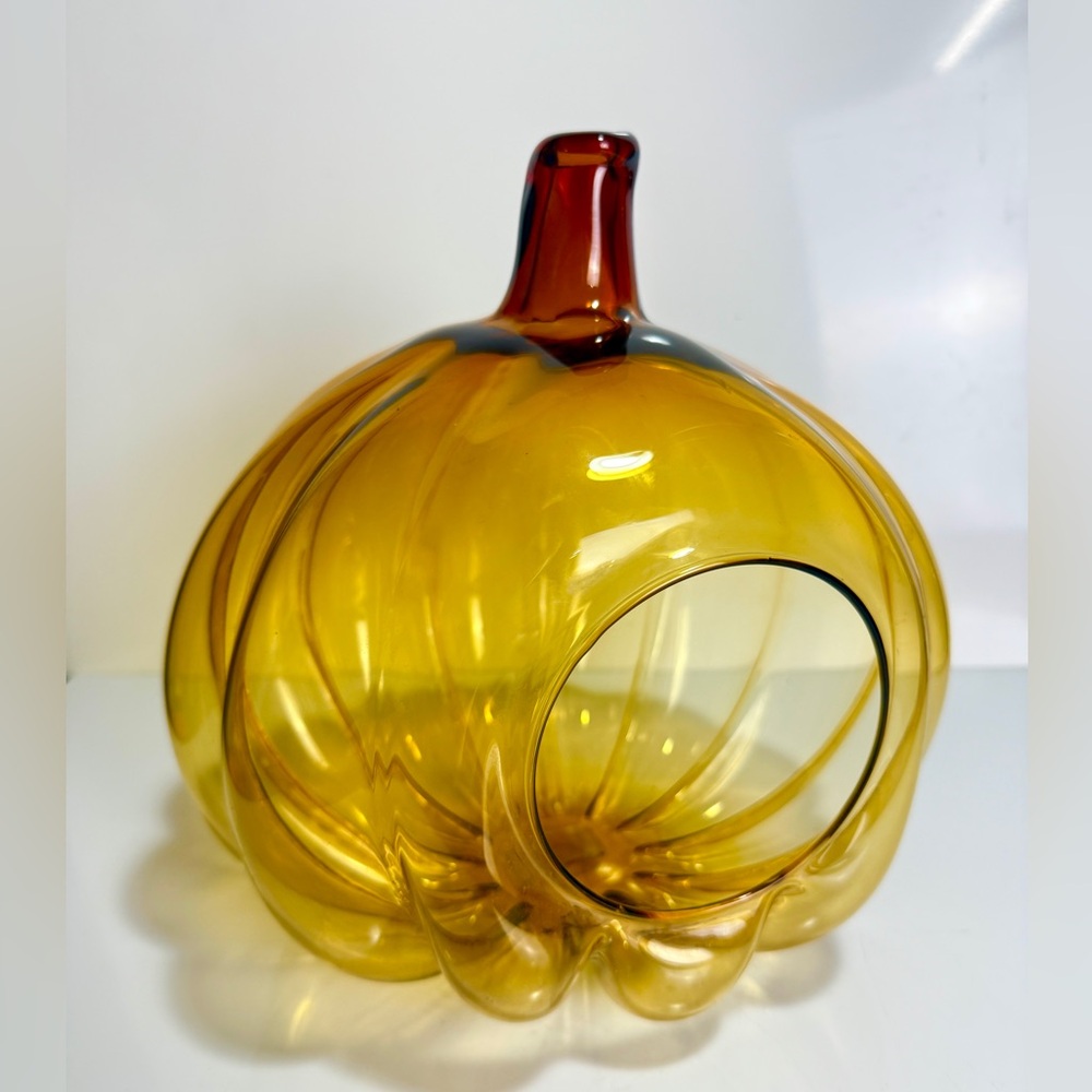 Handblown Amber Glass Hollow Pumpkin Candle Holder Terrarium 10” Made in Poland